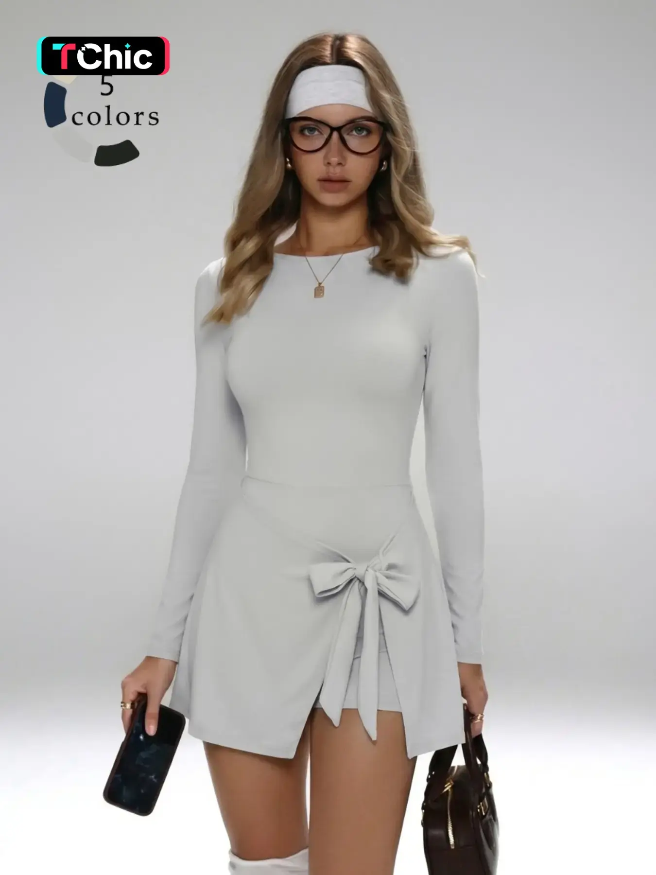 Summer Fitness Two-Piece Long Sleeve Sports Dress, Sporty Dress, Sexy Split Back Tie U-Back Tennis Skirt, Women's Golf Tennis Dress, Tennis Athletic Dress, Tennis Workout Dress, Workout Active Dress, Workout Athletic Dresses, Tennis Attire