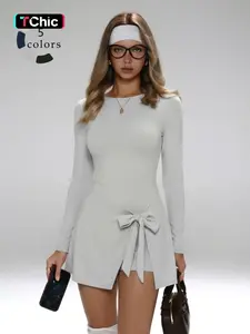 Women's Solid Long Sleeve Round Neck Sports Dress, Sporty U-shaped Back Tight-fitting Dress for Summer, Ladies Sportswear for Indoor Outdoor Wear, Workout Athletic Dresses, Sporty Chic Dress