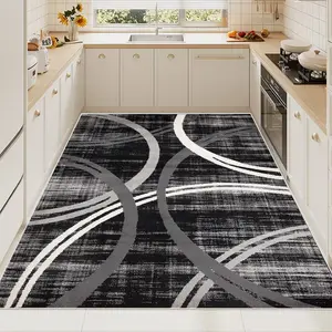 Crystal Velvet 1pc Curved Geometric Large Kitchen Rug, Non-Slip Waterproof Durable Easy Clean, Ideal for Large Kitchen Spaces