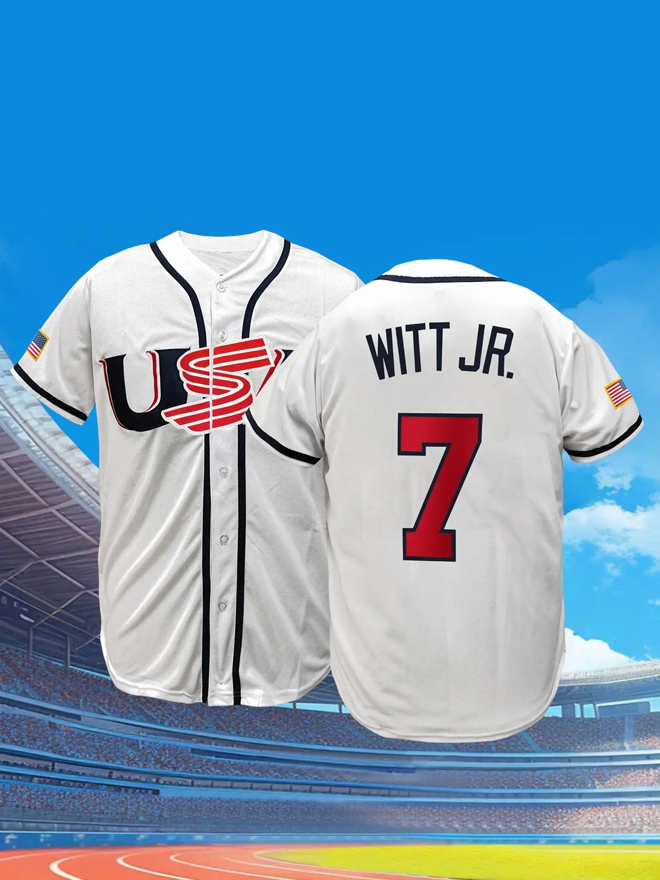 Men's #7 USA Baseball Jersey, Full Embroidered Stitched Fan Edition Casual Sports Jersey, Embroidery Sportswear, Breathable Short Sleeve Sports Top Shirt with American Flag Patch for Game Day Daily Wear