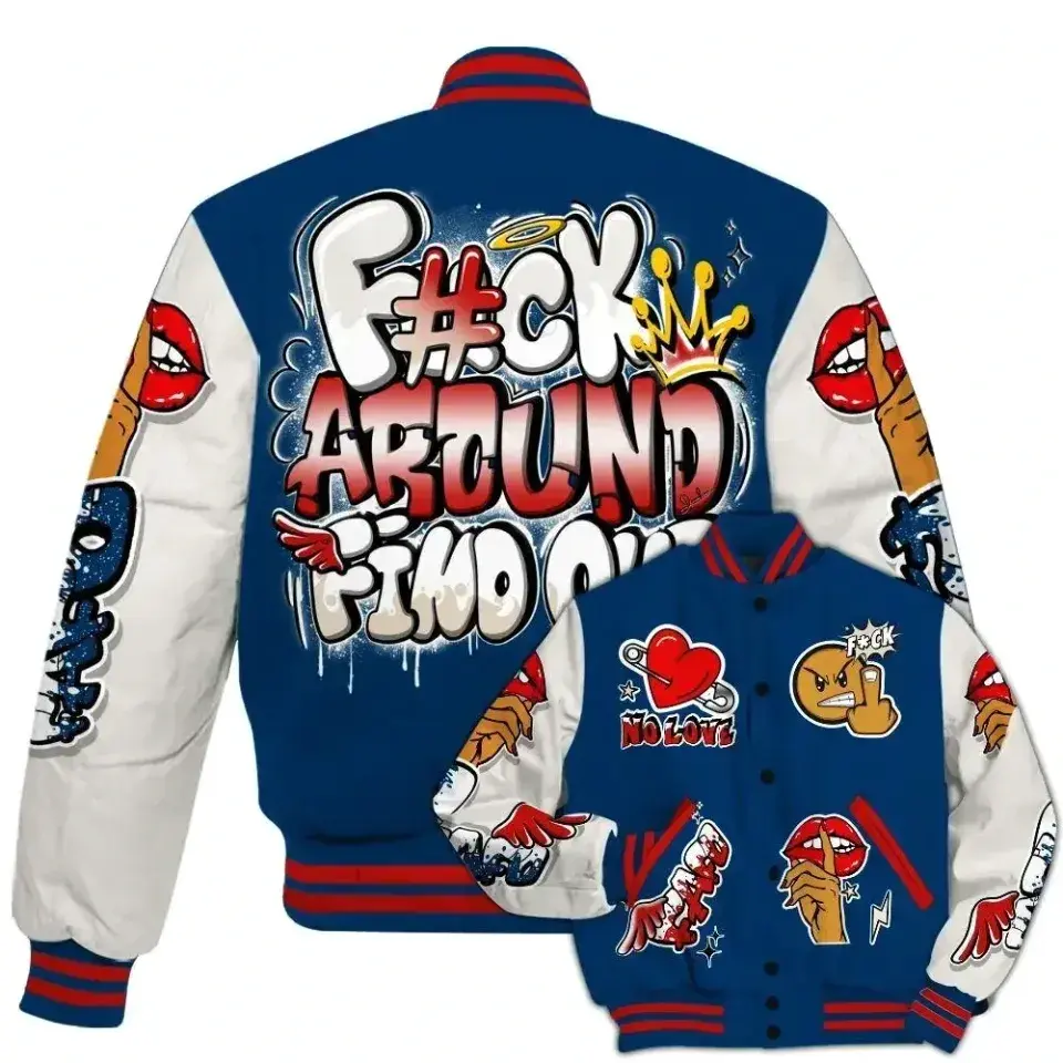 Rare Air 11s Inspired Varsity Jacket, FK Around Find Out Graphic Baseball Coat, Retro Sneaker Inspired Outerwear, Bold Sporty Streetwear Jacket, Unisex Casual Varsity Style