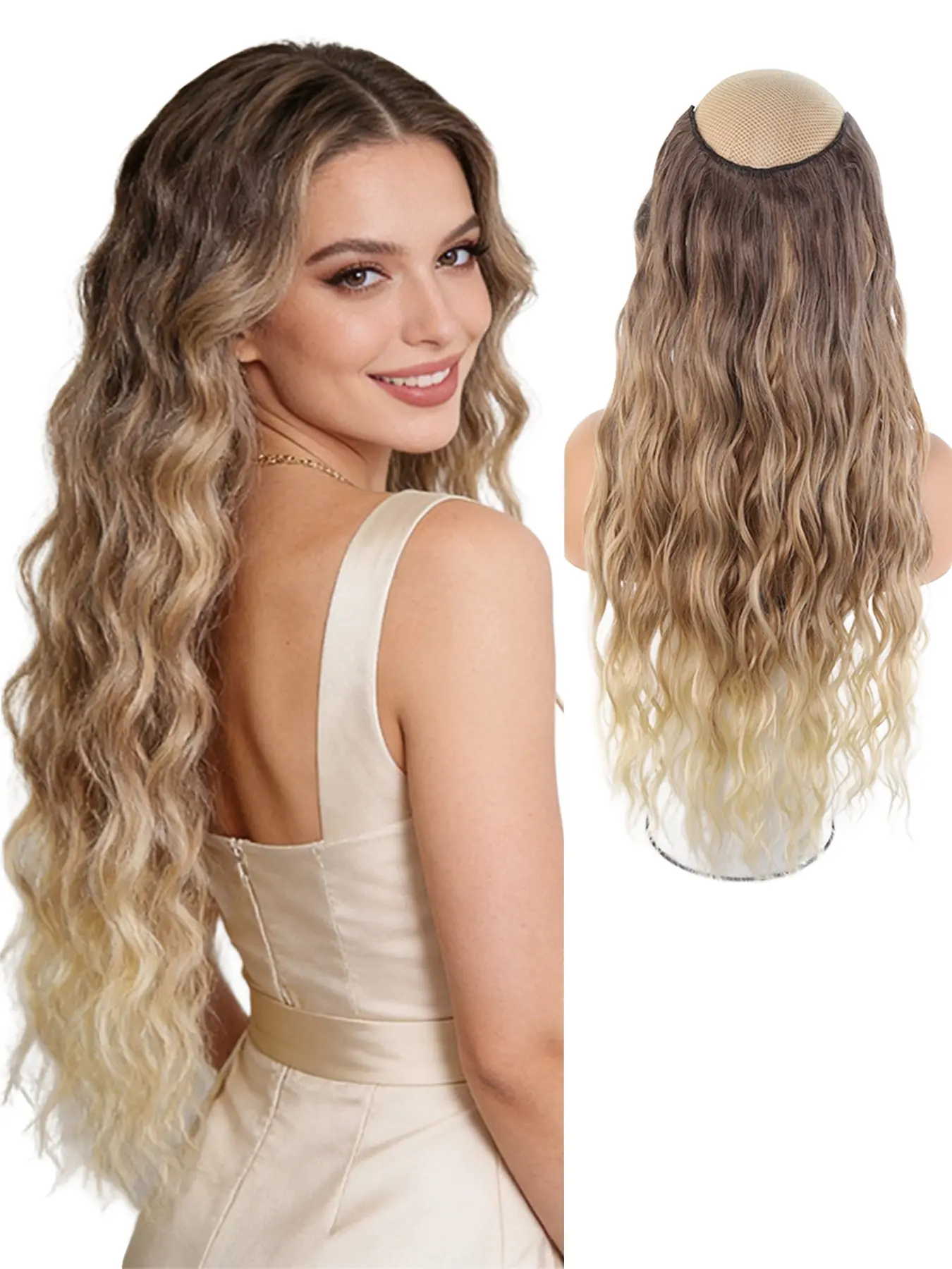 One-Piece V-Shape Water Wave Hair Extension, Synthetic Extensions, Long Curly Hair Clip-In, Gradient Color, Invisible Bb Clips, Heat Resistant Fiber, 60cm Women's Hair Extensions