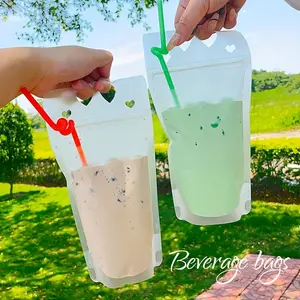 100pcs/200pcs Heart-Shaped Handle Drink Bags |   Upgraded Thickened Disposable Smoothies and Juices Bags with Straw, Portable 16.91oz Drink Bag Takeout Bag, Essential for Summer Party