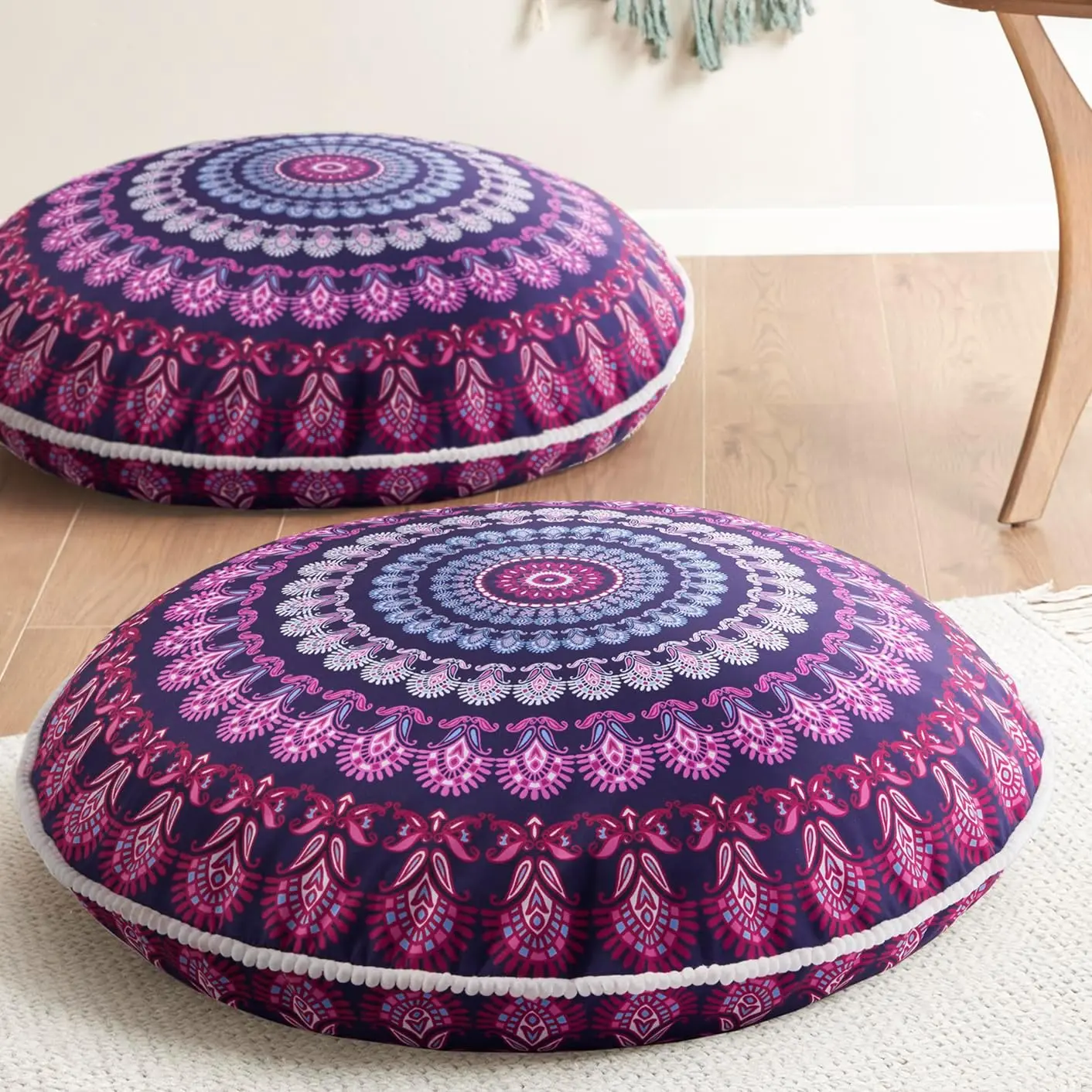 Meditation Floor Pillow Set of 2, Round Large Pillows Seating for Adults, Bohemian Mandala Circle Cushion for Outdoor Fireplace Yoga Living Room, 32 Inch,   Added, Purple Orchid