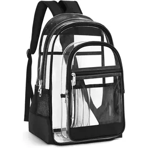 Clear Backpack, Heavy Duty PVC Transparent Backpack with Reinforced Straps, See Through Multiple Pockets Large Capacity Bookbag for Concert Sport Event Work Security Travel Black-large