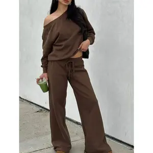 Women's Two Piece Lounge Set Off Shoulder Long Sleeve Top Loose Fit Pullover Drop Shoulder Oversized Style with Drawstring Elastic Waist Wide Leg Pants Solid Brown Minimalist Outfit Soft Cotton Blend Breathable Cozy Casual Streetwear Fall Winter Matching