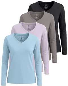 4 Pack: Women's V-Neck Cotton Long-Sleeve T-Shirt (Available in Plus Size)