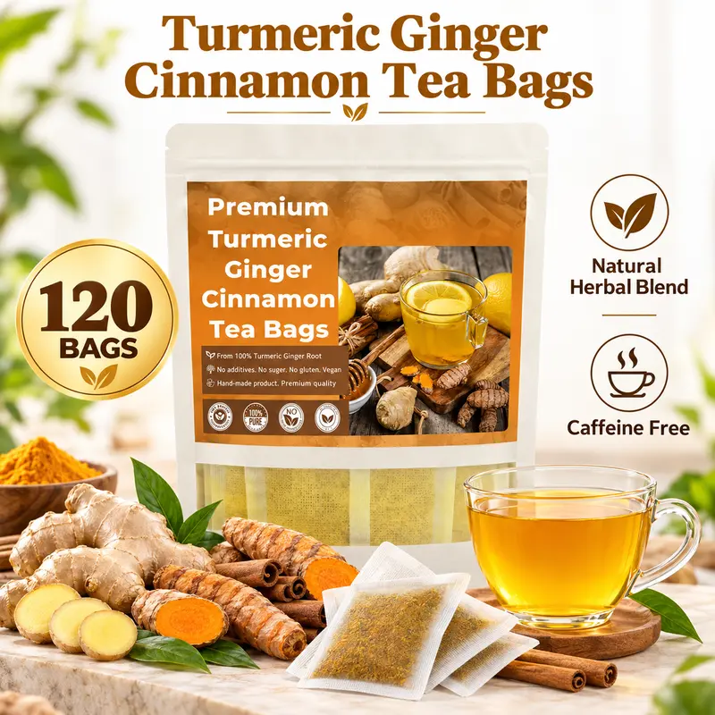 Turmeric, Ginger & Cinnamon Herbal Tea (60 Tea Bags) — A naturally caffeine-free herbal blend with no additives; an artisanal wellness tea perfect for daily brewing. Back-to-school season—so ho chic.