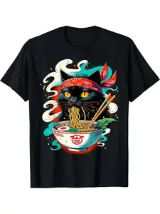 Kawaii Cat Ramen Noodles Japanese Anime Graphic T-Shirt Round Neck, Unisex Funny Polyester Fiber Y2K Streetwear Top, Casual Fitted Summer Tee for All Seasons