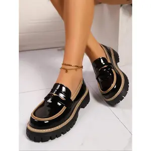 Trendy Shiny Women’s Loafers, Buckle Detail, Chunky Heel Platform Shoes, Stylish Casual Footwear