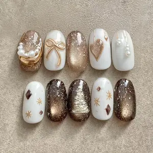 Champagne Cat Eye Pearl Heart Bow Starburst Design, Detachable Wearable Armor, Cute Cartoon Style for Girls, Perfect for Dates and Parties, Customized Nails, Nail Decoration, Nail Art Products