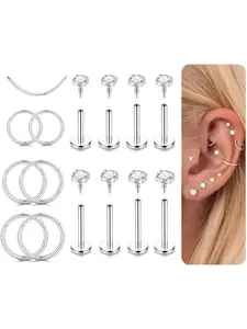 14 Pcs Helix Piercing Jewellery Flat Back Earrings Stud Surgical Steel Internally Threaded Nose Ring Studs Hypoallergenic Cubic Zirconia Helix Hoop Tragus Cartilage Conch Labret Piercing Jewellery 16G/18G