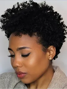 Human Hair Wig Natural Afro Wig 150% Density Afro Kinky Curly Pixie Wig 6 Inch Human Hair Wig Machine Made Wig Natural Look for Daily Use, Music Festivals & Parties, Versatile Styling, Party Accessory, Comfortable Fit Cap 1PC
