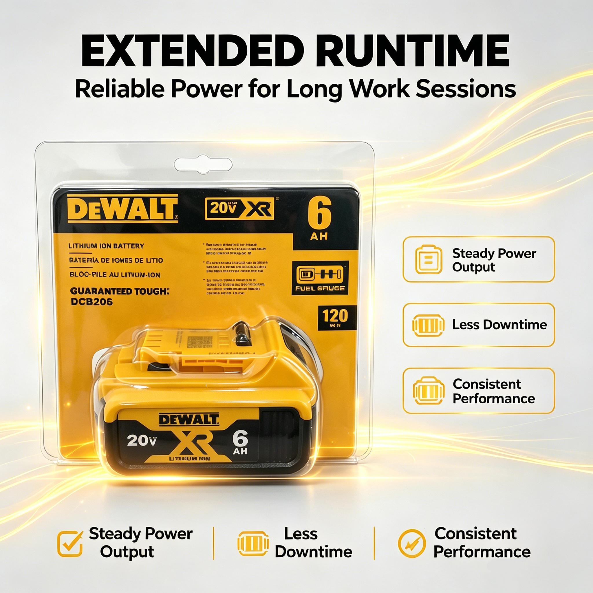 DeWalt DCB206 20V 6.0AH lithium-ion battery. Compatible with 20V power tools. Suitable for use with handheld drills, angle grinders, blowers, impact wrenches, and other DeWalt power tools. Durable, shock-resistant, and reliable. DeWalt DCB206 20V 6.0AH lithium-ion battery. Compatible with 20V power tools. Suitable for use with handheld drills, angle grinders, blowers, impact wrenches, and other DeWalt power tools. Durable, shock-resistant, and reliable.