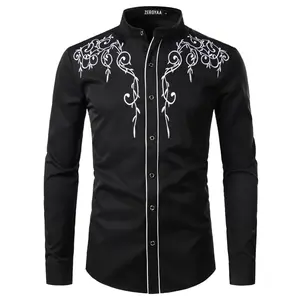 ZEROYAA Men's Western Stylish Band Collar Dress Shirts Embroidery Slim Fit Long Sleeve Mandarin Collar Shirt