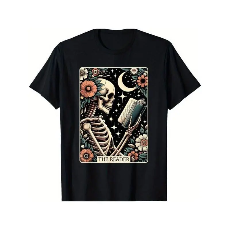 Funny [Fast Arrival] The Reader Tarot Card Skeleton Reading Book Bookworm Bookish T-Shirt for Men Women, Christmas Halloween Thanksgiving day Gift Plus Size