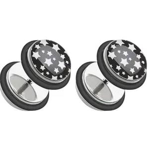 Black and White Multi Star Fake Plugs with Black O-RIngs - Pair - 316L Stainless Steel