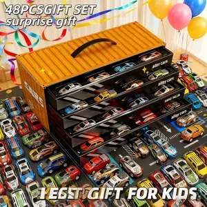 Yellow 48-Piece Car Set with Garage Organizer Box – Racing Car Series for Boys and Girls – Collector's Edition Car Box. Comes with a map, parking lot and track, plus a four-story parking garage. Interactive toy. Perfect for holiday gifts. School gifts. Ha