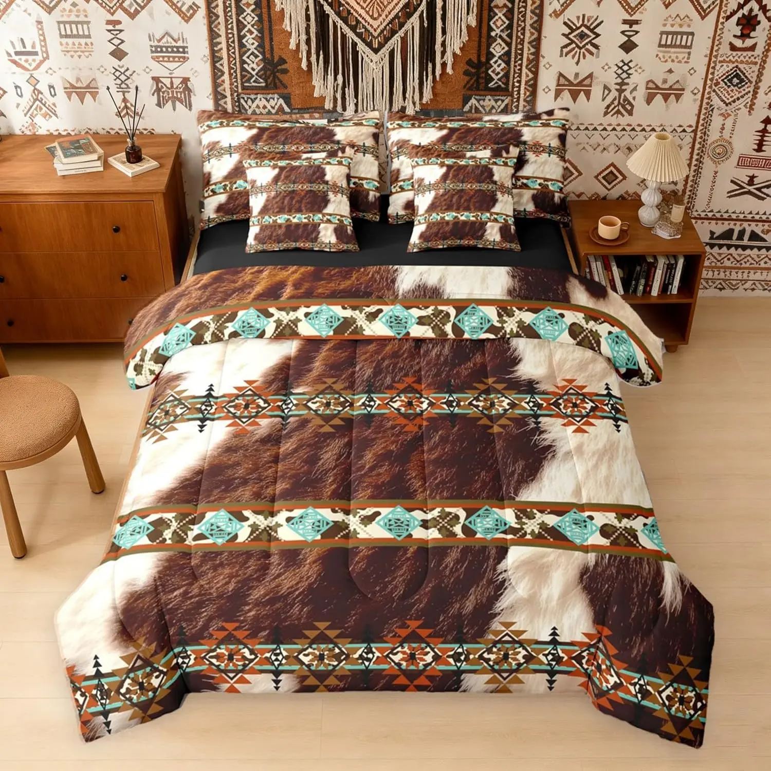 Cowhide Bed Sheets and Comforter Set,Western 7 Piece Bedding Set Brown Highland Cow Print Bed in a Bag,Exotic Aztec Diamond Farm Animals Bull Cattle Skin Room Decor,Cowboys Gifts for Women