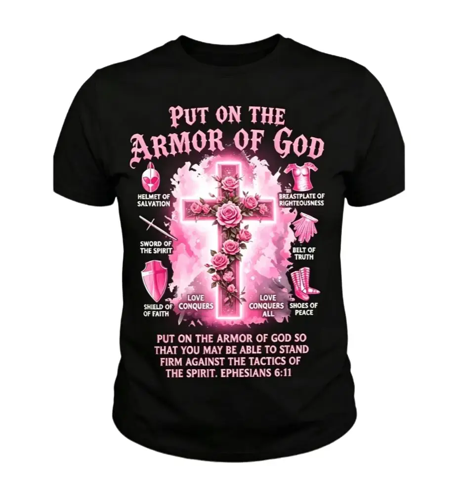 Women's Christian Graphic T-Shirt - Soft Cotton Gothic Top with Armor of God Rose Cross Print, Short-Sleeve Faith-Based Streetwear