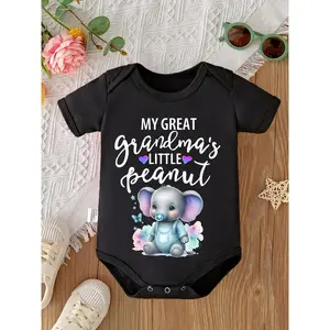 PUEMCO Baby Girl "My Great Grandma's Little Peanut" Elephant Bodysuit, Soft Cotton Short Sleeve Onesie, Grandparent Love Themed Baby Outfit