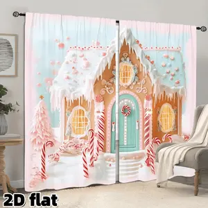 2D Flat 2Pcs Sweet Christmas Candy House Printed Curtains, Pastel Pink Mint Design, Semi Sheer Rod Pocket Drapes for Living Room Bedroom Kitchen, Winter Holiday Theme, Romantic Fantasy Style, Light Filtering Privacy Protection, Home Decoration Curtain