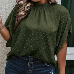 Women's plus size Swiss dot shirt with straps, casual bat sleeve stand up collar work top