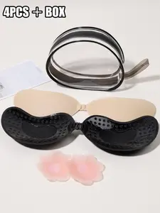 4pcs Push-Up Bra Pads Set, Storage Box Included, Reusable Silicone Nipple Covers, Suitable for Strapless Dresses and Sports Wear