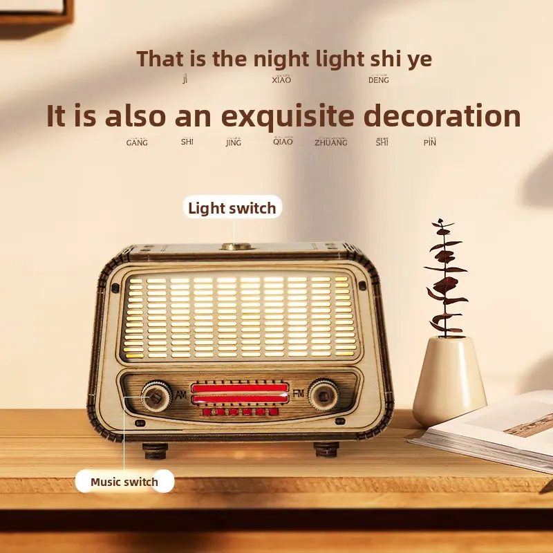Exquisite 3D Light And Shadow Wooden Carving Music Lamp DIY Hand-Assembled Ferris Wheel & Cello Music Box Retro Television & Radio Nightlight With Rechargeable Battery Creative Gift Idea