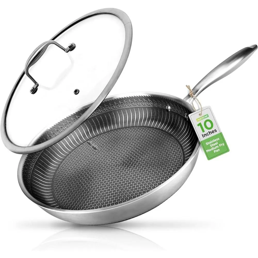 NutriChef 10'' Stainless Steel Stir Fry Pan with Glass Lid - Triply Non-Stick Coating Scratch-Resistant