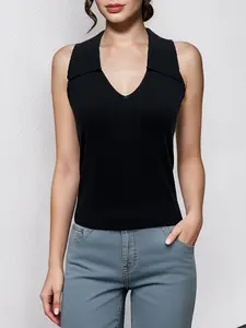 Women's V-neck Sleeveless Vest Top, Commuting Waistcoat, Soft Knit, High Elasticity Fabric, Slimming and Breathable, Inner Layer Item, Summer Outfit, Suitable for Comfortable Daily Wear in Spring and Summer
