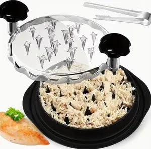 Ergonomic manual meat shredder with non-slip base and safety cover, easy to shred chicken meat. Great for BBQ, sandwiches and cooking, easy to clean, practical kitchen tool and nice Father’s Day gift.