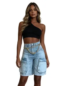 Y2k Streetwear Flap Pocket Chain Detail Bermuda Shorts Trendy Casual Summer Bottoms Jean Shorts Womens  Fashion Daily Outdoor Vacation Outfit