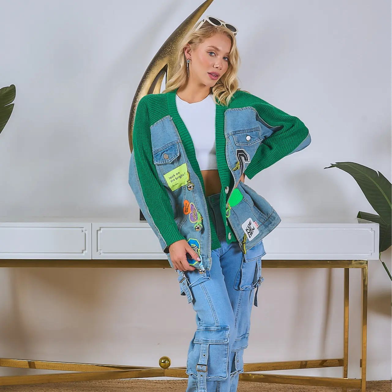 Ava Patchwork Varsity Cardigan Green Knit with Denim & Statement Patches Knitwear Relaxed Fit Button-Up Front Cozy Layering Piece