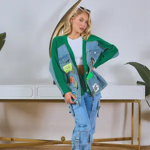 Ava Patchwork Varsity Cardigan Green Knit with Denim & Statement Patches Knitwear Relaxed Fit Button-Up Front Cozy Layering Piece