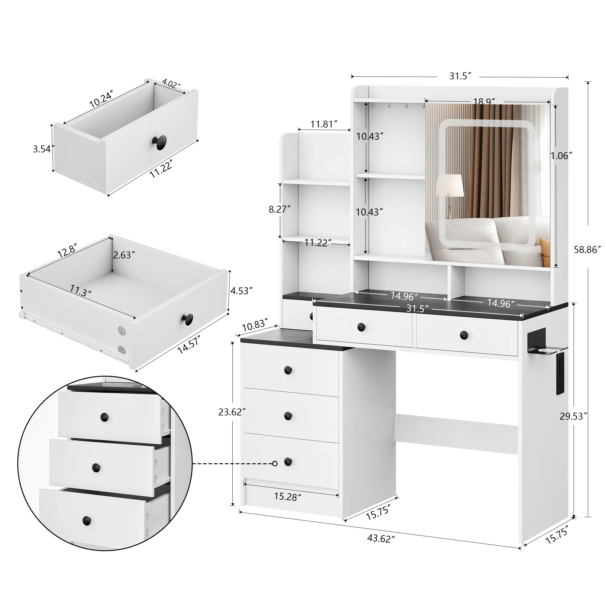 White-Black, a cabinet-door-style mirror, no stool