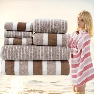 Hot Selling 7pcs Striped Bath Towel Set - Includes 3 Face Towels, 2 Hand Towels And 2 Bath Towels, Comfortable Absorbent Quick Dry Bath Towels, Suitable for Hotel, Sports, Travel, Fitness, Yoga, Couple Bath Towels, Ideal Bathroom Supplies