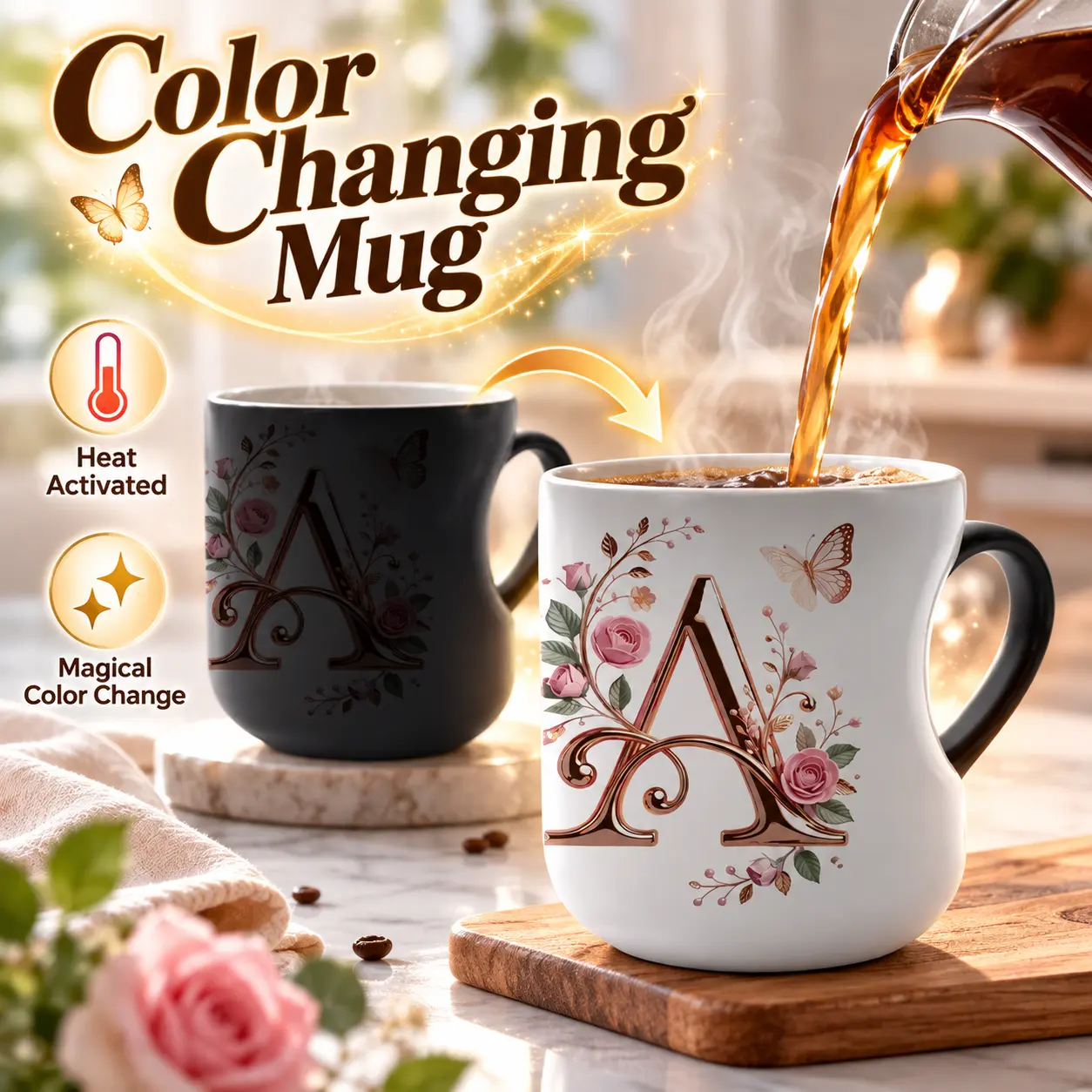 1 Piece 11oz Color Changing Ceramic Coffee Mug - 26 Alphabet Floral Letter Options, Unique Aesthetic Heart Design, Drink Cup for Birthday, Mother's Day Gifts (Home & Festive Party Supplies)