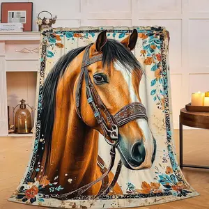 Brown Horse Blanket Vintage Floral Horse Flannel Plush Throw Blanket Animal Decor Fleece Stuff Blanket Gifts for Lover Girls Boys Kids Adults Women Bed Travel 40"x50", Cozy All-Season Blanket Christmas New Year Gift