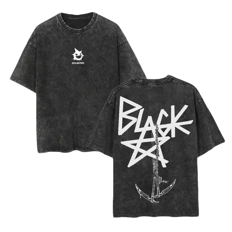 Retro Vintage Soul Eater Black Star T-Shirt - Double Printed Mineral Washed Oversized Anime Graphic Tee For Men Women - Y2K Heavyweight Cotton Streetwear Casual Everyday Top Unisex Manga Merch Chain Scythe Cosplay Apparel Trendy Punk Fits
