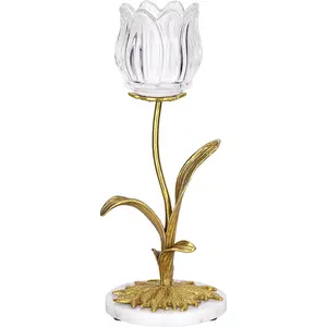 Candle Holder, Cut Rose Shaped Brass Candle Holder High-end Light Luxury Creative Art Crystal Glass Flower Candle Sticks Holder Decor Marble Disc Base Romantic Ambiance Table Decoration