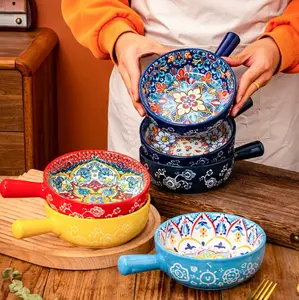 Boho Style Ceramic Pasta Serving Bowls 1 Count Colorful Floral Pattern Salad Bowl with Handle Dessert Bowl Kitchen Tableware for Home Use Dinnerware Sets Kitchenware Ceramics