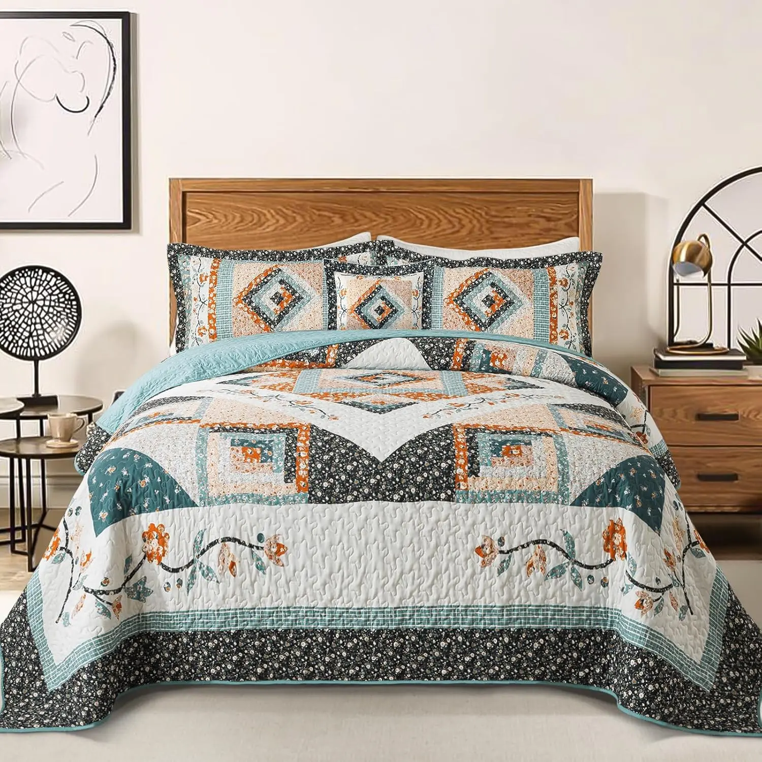 Cotton King Size for Farmhouse- Fall Patchwork Bedspread Set --Woven Soft Reversible King Size Bed Spread for All (Floral Orange) 3 Pieces Cotton King Size for Farmhouse- Fall Patchwork Bedspread Set --Woven Soft Reversible King Size Bed Spread for All (Floral Orange) 3 Pieces