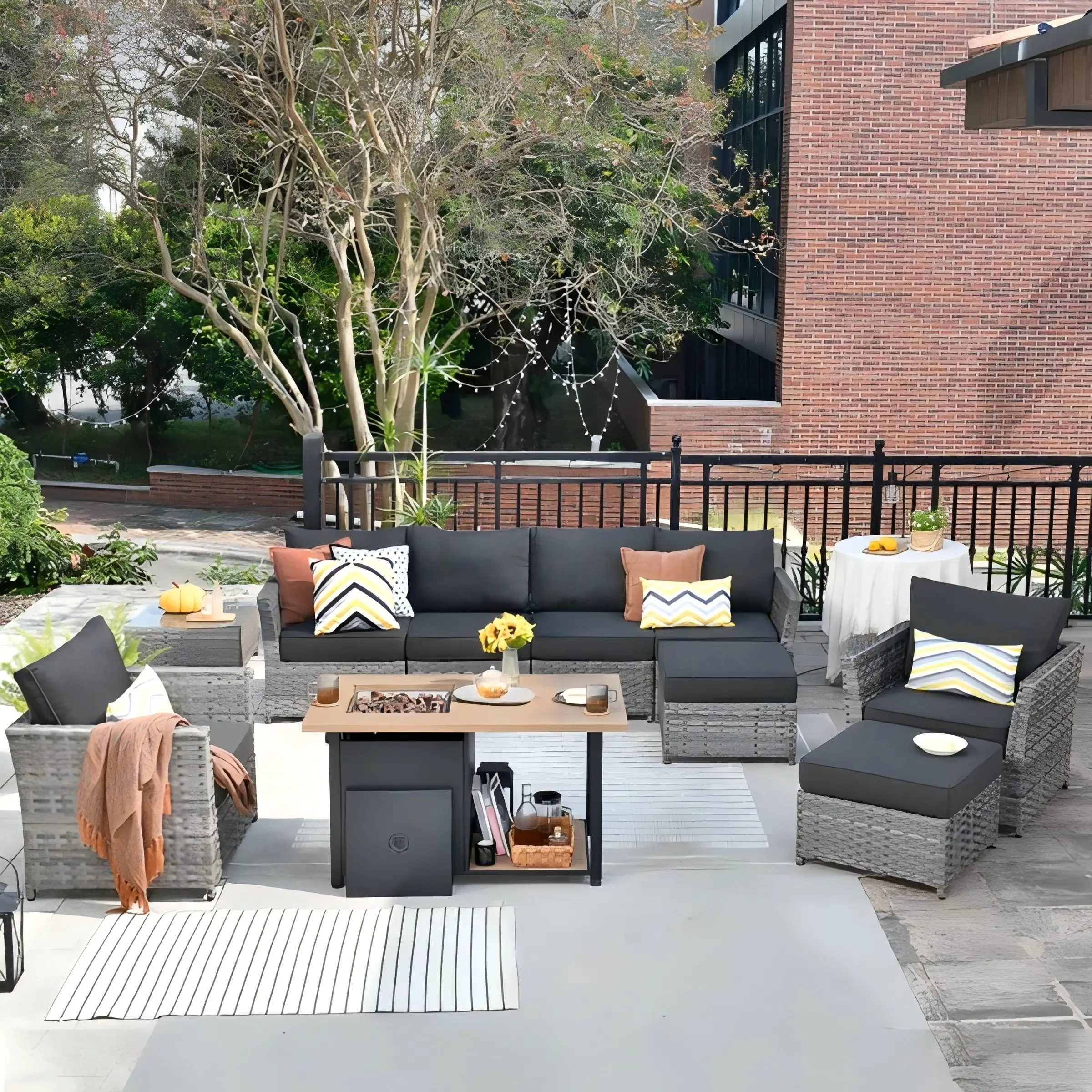 【Back To School】OVIOS BRS 10-Piece Outdoor Patio Furniture Set with 42" Fire Pit Table, All-Weather Wicker Sofa Set with Cushions, Partially Assembled for Backyard Patio Deck Garden Balcony Outdoor Seating Furniture