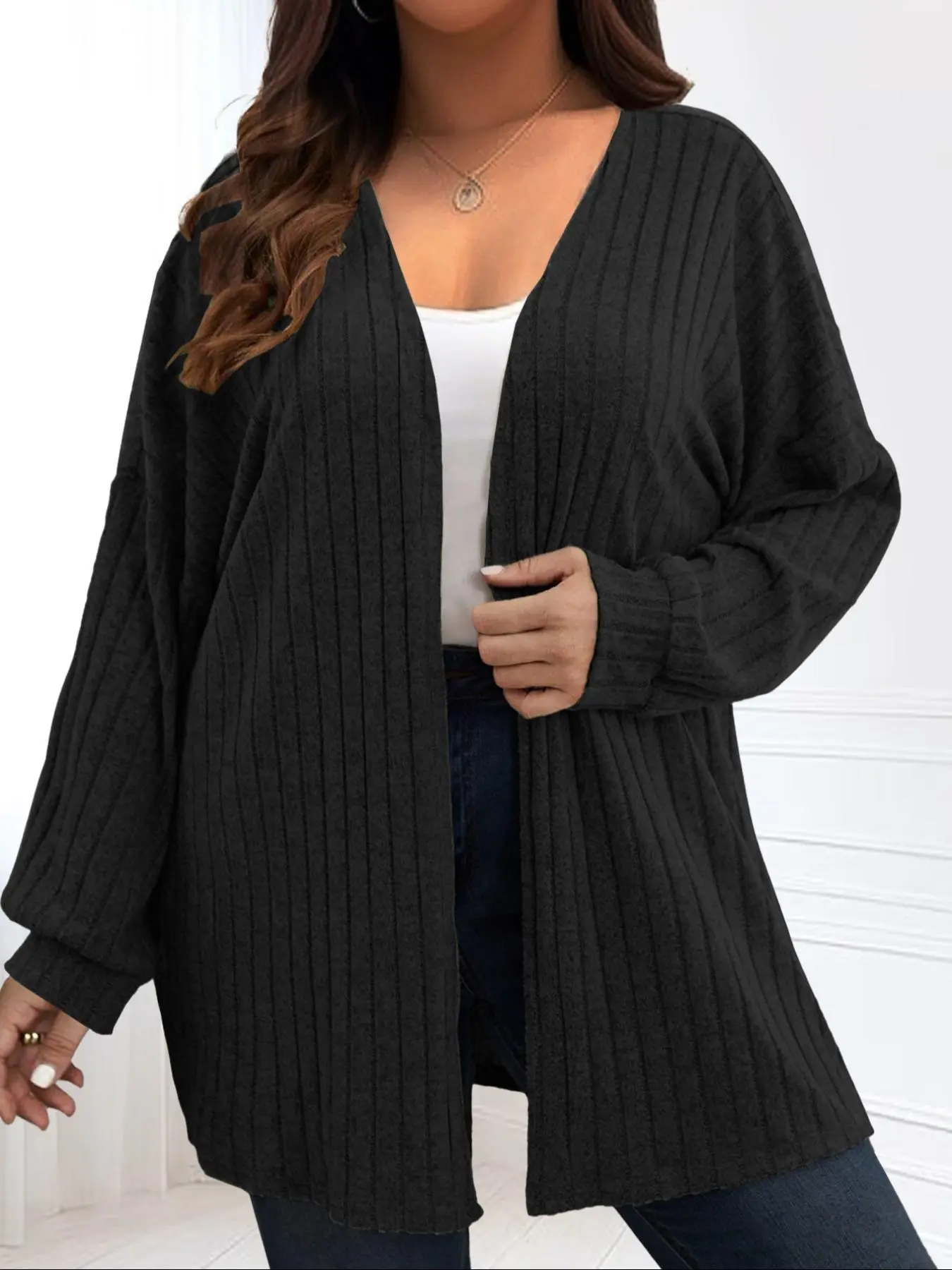 【Plus Size】 Solid Drop Shoulder Long Sleeve Knitwear Cardigan, Casual Open Front Soft Knit Rib Cardigan for Fall & Winter, Lady Women's Plus Clothing for Daily Wear, Womenswear