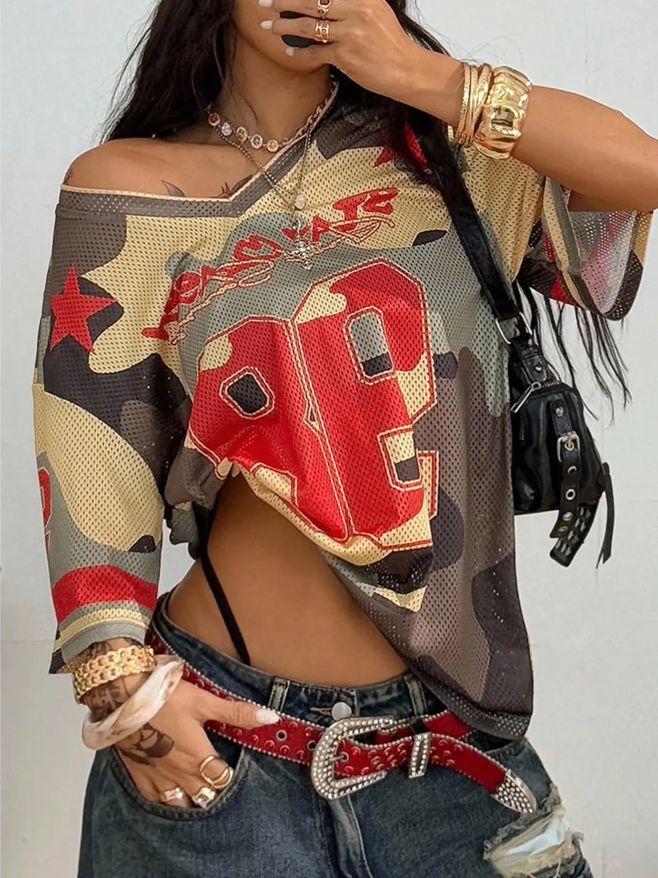 Women's Oversized Jersey Y2K Number Print Graphic Mesh V Neck, Drop Shoulder Short Sleeve Football Jerseys Tops, All Seasons Fitted Style Football Shirts, Sports Style Jersey, Sportswear Top, Sporty Sports Top, Sports Clothing