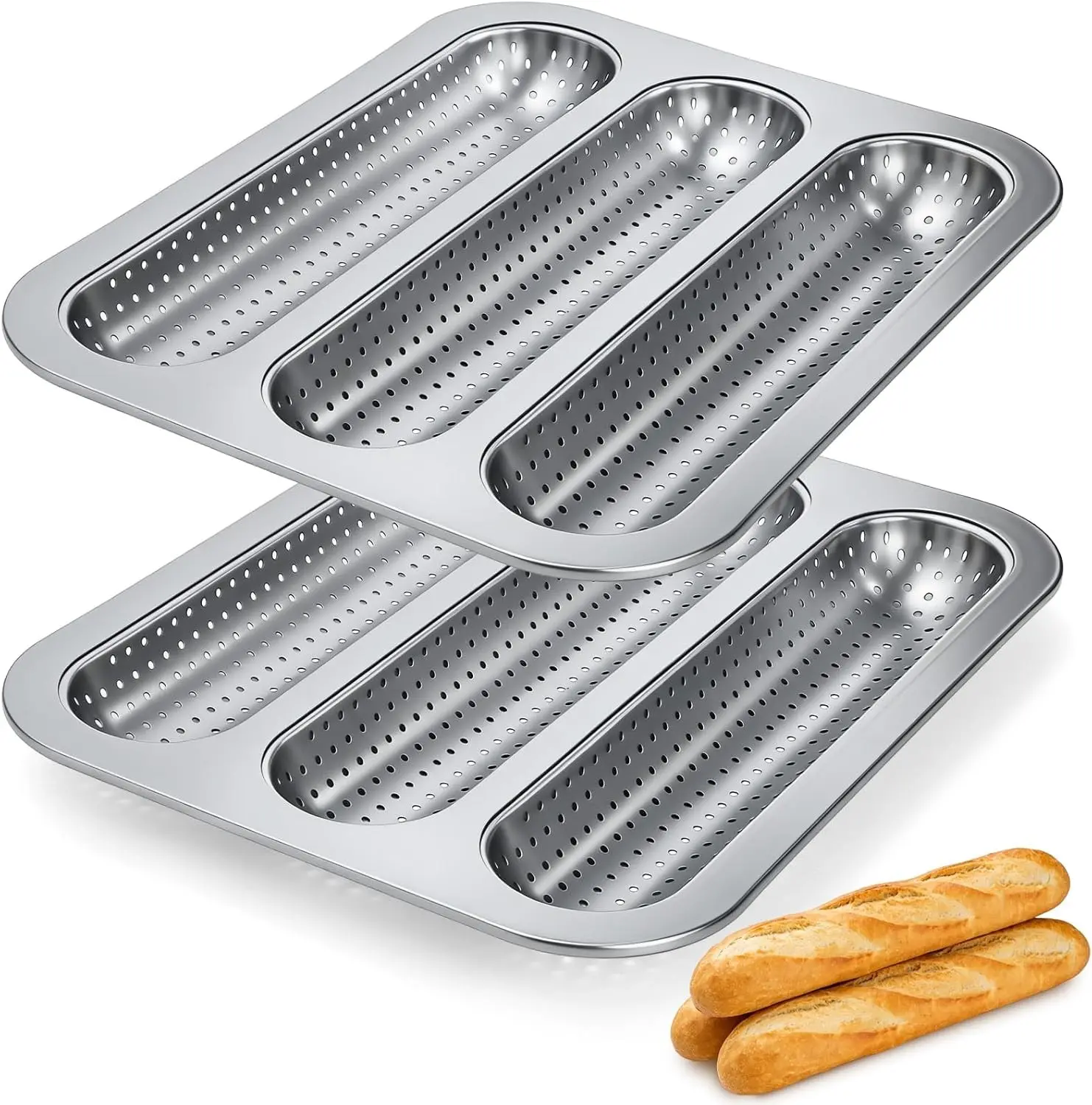 2 Pack Nonstick Perforated Baguette Pan, 3-Slot French Bread Baking Pan, Carbon Steel Baguette Tray for Professional and Home Baker, Sourdough, Italian Bread Baking