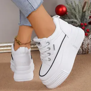 Women'sWhitePlatformSneakers-ComfortableThickSoleCasualShoeswithLace-UpDesign,Low-TopHeightIncreaseCasualAttire,SeasonalVersatility|SleekLowtopSneakers|CushionedEVAFootwearTrainer