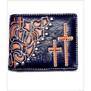 Men's Western Bifold Wallet Cross Design Checkbook Style in Black Brown