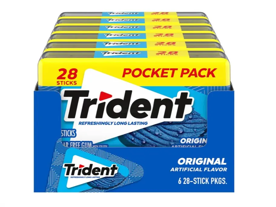 Trident Sugar-Free Mint Flavor Chewing Gum Snack - 6 Packs, 28 Pieces Per Pack (168 Total Pieces)
